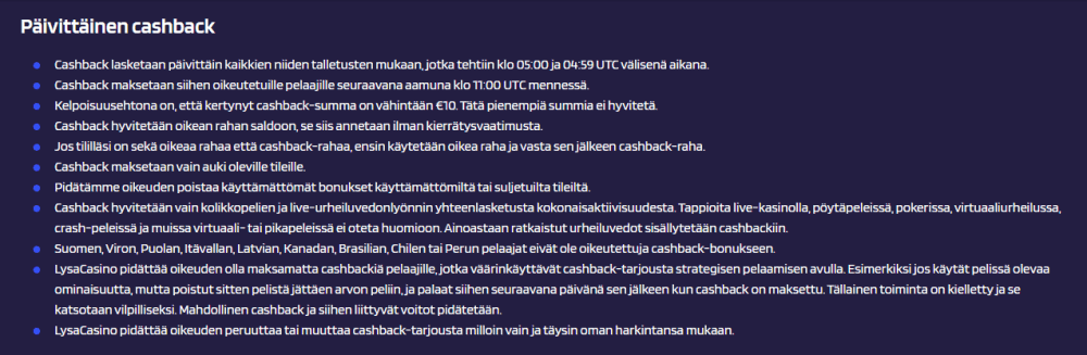 Lysa Casino bonusehdot